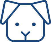 Simple blue line drawing of a friendly dog face with floppy ears and dot eyes