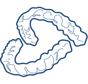 Blue outlined illustration of dental braces or orthodontic appliance on teeth.