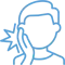 Person wearing headphones smiling, blue line illustration style icon for dental website.