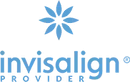 Invisalign logo with blue starburst design and company text below.